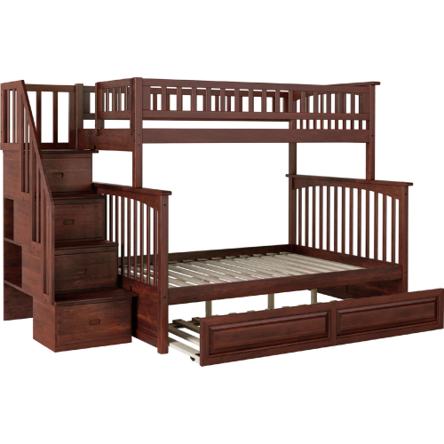 Columbia Staircase Twin over Full Bunk Bed with Raised Panel Trundle in Antique Walnut