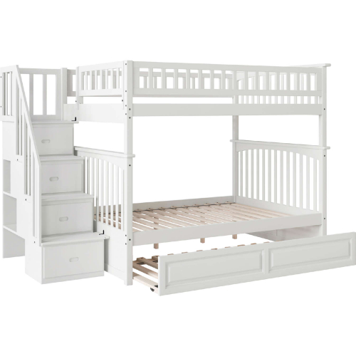 Columbia Staircase Full over Full Bunk Bed with Raised Panel Trundle in White
