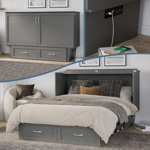 Chelsea Queen Murphy Bed Chest with Mattress in Grey Finish Wood