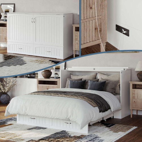 Aspen Queen Murphy Bed Chest with Mattress in White Finish Wood