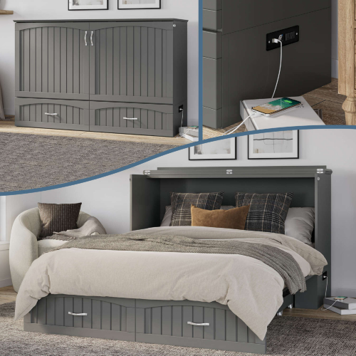 Aspen Queen Murphy Bed Chest with Mattress in Grey Finish Wood