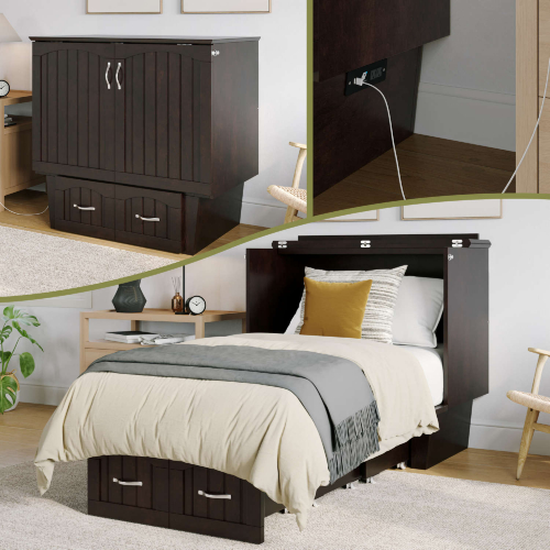 Sydney Twin Murphy Bed Chest with Storage Drawer & Charging Station in Espresso Finish Wood