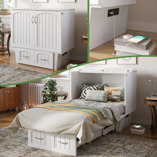 Sydney Twin Murphy Bed Chest with Storage Drawer & Charging Station in White Finish Wood