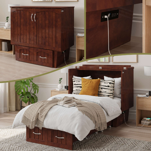 Sydney Twin Murphy Bed Chest with Storage & Charging in Walnut Finish Wood