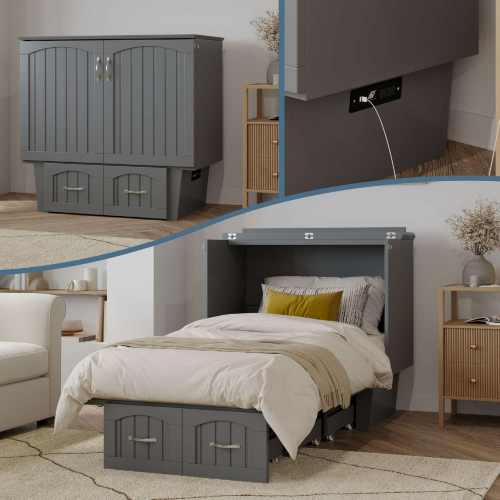 Sydney Twin Murphy Bed Chest with Storage Drawer & Charging Station in Grey Finish Wood