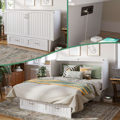 Sydney Coastal Queen Murphy Bed Chest with Mattress in White Finish Wood