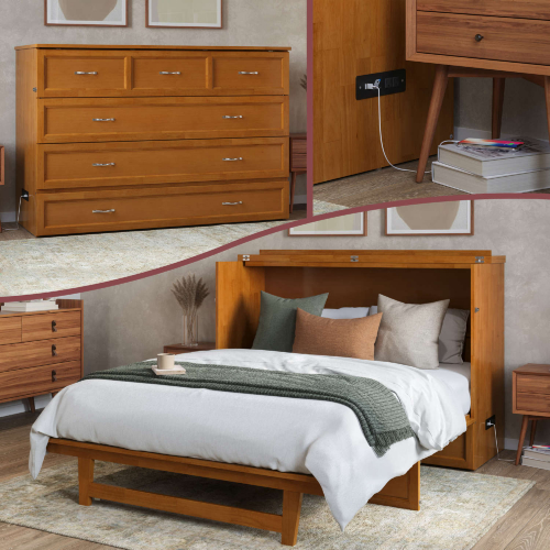 Northfield Queen Murphy Bed Chest with USB in Light Toffee Finish Wood