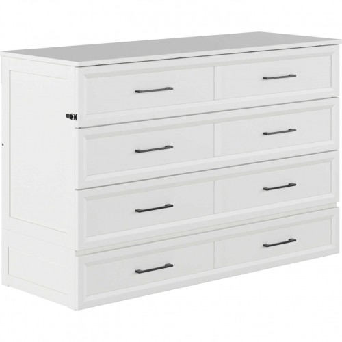 Tucson Queen Murphy Bed Chest with 6" Mattress, Drawer & Built in Charger in White Finish Wood