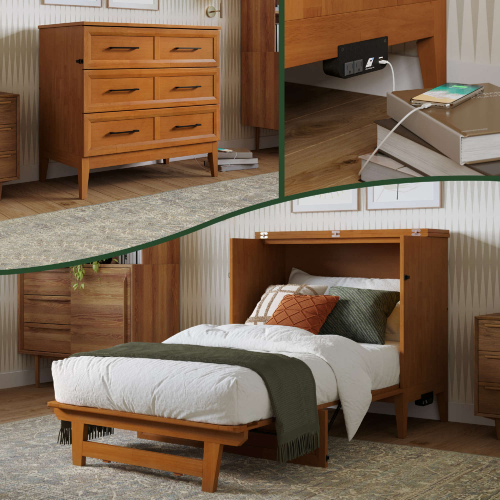 Santa Fe Twin Murphy Bed Chest with Built in Charger & Mattress in Light Toffee Finish Wood