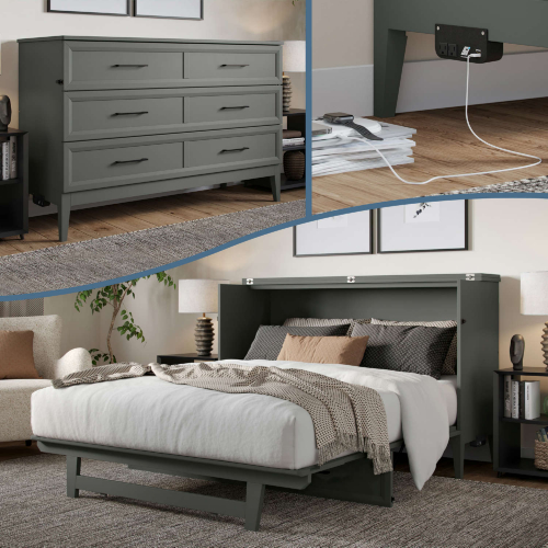 Santa Fe Queen Murphy Bed Chest with Built in Charger & Mattress in Grey Finish Wood