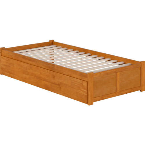Concord Twin XL Platform Bed with Footboard & Twin XL Trundle in Light Toffee Finish Wood