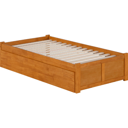 Concord Twin Platform Bed with Footboard & Twin Trundle in Light Toffee Finish Wood