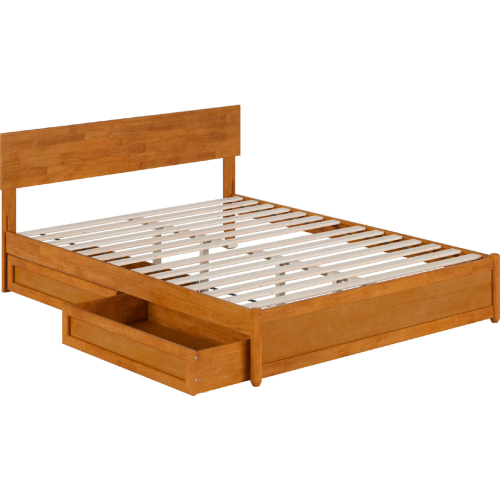 Wesley Queen Platform Bed with Panel Footboard, Drawers & Charging in Light Toffee