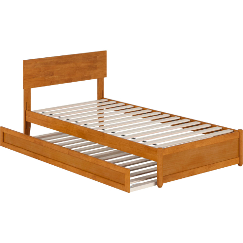 Wesley Twin XL Platform Bed with Panel Footboard, Twin XL Trundle & Charging in Light Toffee