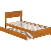 Wesley Twin XL Platform Bed with Panel Footboard, Twin XL Trundle & Charging in Light Toffee