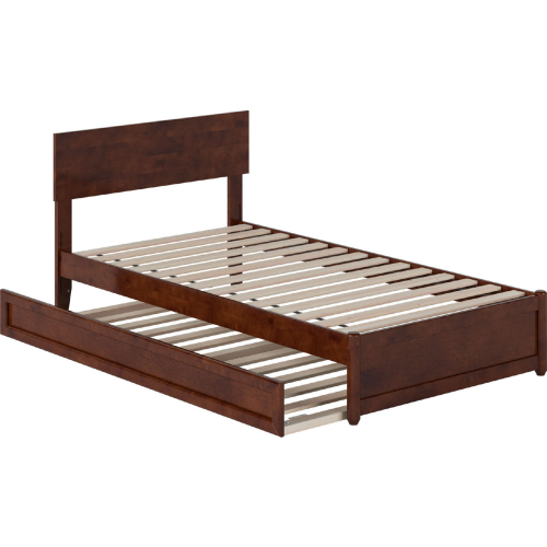 Wesley Twin Platform Bed with Panel Footboard, Twin Trundle & Charging in Walnut Finish