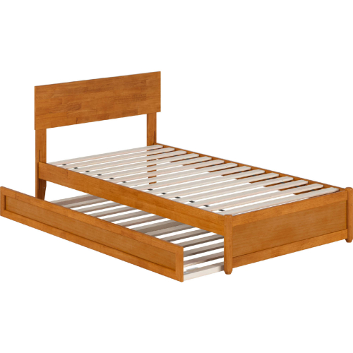 Wesley Twin Platform Bed with Panel Footboard, Twin Trundle & Charging in Light Toffee
