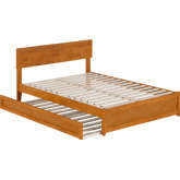 Wesley Full Platform Bed with Panel Footboard, Twin Trundle & Charging in Light Toffee