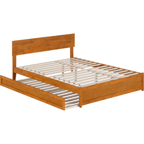 Wesley Queen Platform Bed with Panel Footboard, Twin XL Trundle & Charging in Light Toffee