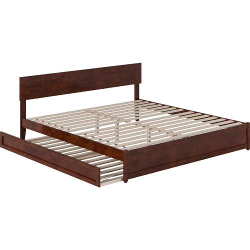 Wesley King Platform Bed with Panel Footboard, Twin XL Trundle & Charging in Walnut Finish