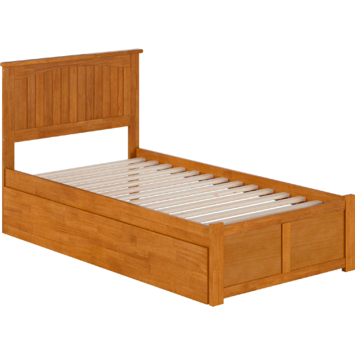 Nantucket Twin Platform Bed with Footboard, Twin Trundle & Charging in Light Toffee