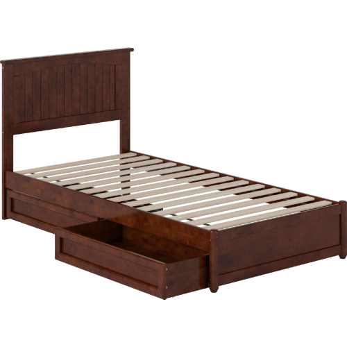Malta Twin XL Platform Bed with Panel Footboard, Drawers & Charging in Walnut Finish