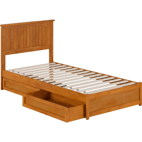 Malta Twin XL Platform Bed with Panel Footboard, Drawers & Charging in Light Toffee