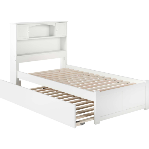 Newport Bookcase Twin Bed with Flat Panel Footboard & Urban Trundle in White
