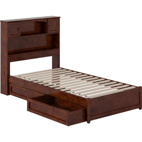 Hadley Twin Platform Bed with Panel Footboard, Drawers & Charging in Walnut Finish