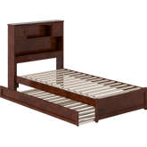 Hadley Twin XL Platform Bed with Panel Footboard, Twin XL Trundle & Charging in Walnut Finish