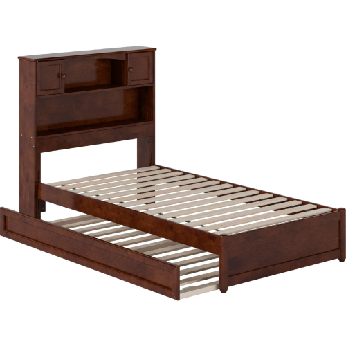 Hadley Twin Platform Bed with Panel Footboard, Twin Trundle & Charging in Walnut Finish