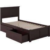 Madison Twin Bed w/ Flat Panel Footboard & 2 Urban Bed Drawers in Espresso