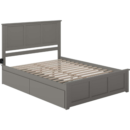 Madison King Platform Bed with Footboard, 2 Drawers & Charging in Grey