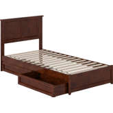 Felicity Twin XL Platform Bed with Panel Footboard, Drawers & Charging in Walnut Finish