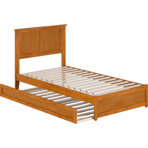 Felicity Twin Platform Bed with Panel Footboard, Twin Trundle & Charging in Light Toffee