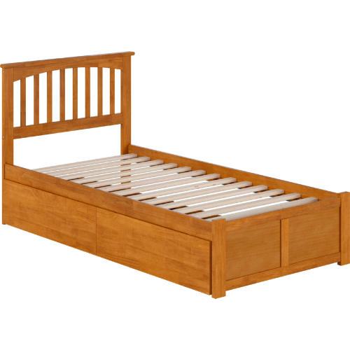 Mission Twin XL Platform Bed with Footboard, 2 Drawers & Charging in Light Toffee