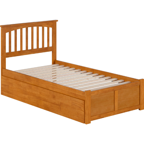 Mission Twin Platform Bed with Footboard, Twin Trundle & Charging in Light Toffee