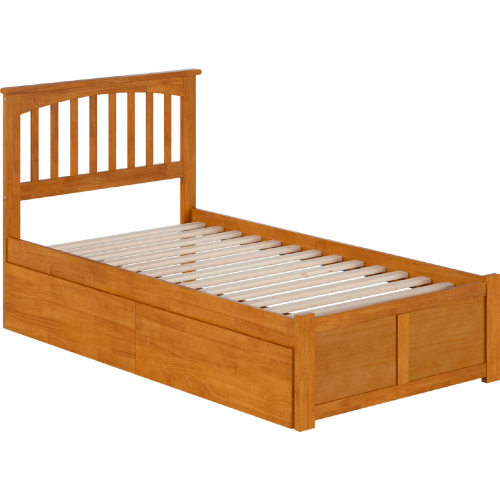 Mission Twin Platform Bed with Footboard, 2 Drawers & Charging in Light Toffee
