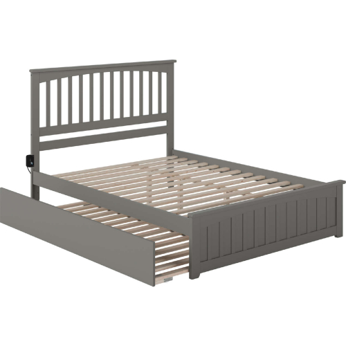 Mission Queen Platform Bed, Match Footboard, Turbo Charger & Twin XL Trundle in Grey
