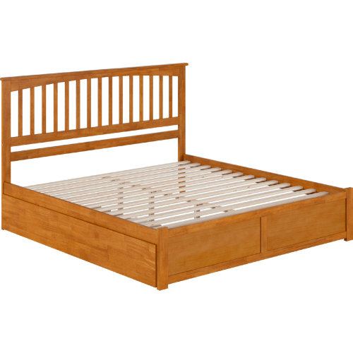 Mission King Platform Bed with Footboard, Twin XL Trundle & Charging in Light Toffee