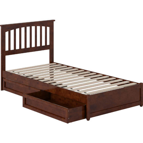 Everett Twin XL Platform Bed with Panel Footboard, Drawers & Charging in Walnut Finish