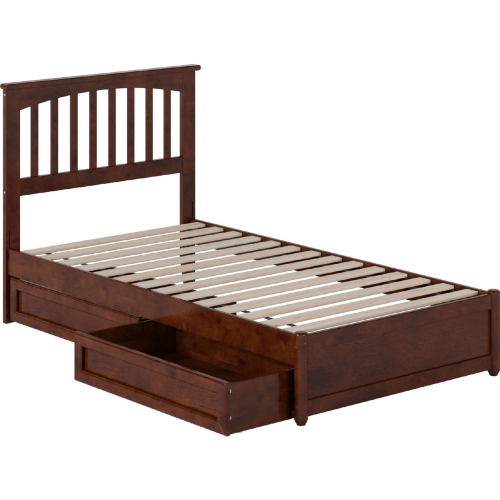 Everett Twin Platform Bed with Panel Footboard, Drawers & Charging in Walnut Finish