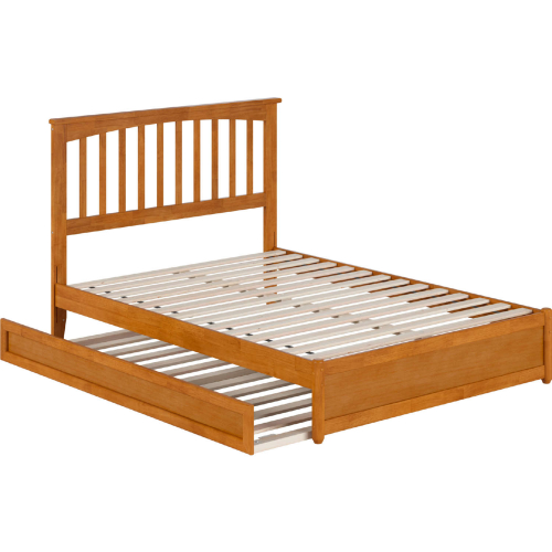 Everett Full Platform Bed with Panel Footboard, Twin Trundle & Charging in Light Toffee