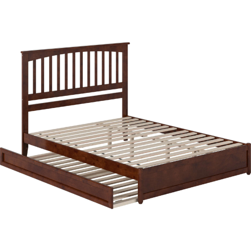 Everett Queen Platform Bed with Panel Footboard, Twin XL Trundle & Charging in Walnut Finish