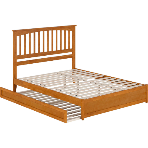 Everett Queen Platform Bed with Panel Footboard, Twin XL Trundle & Charging in Light Toffee