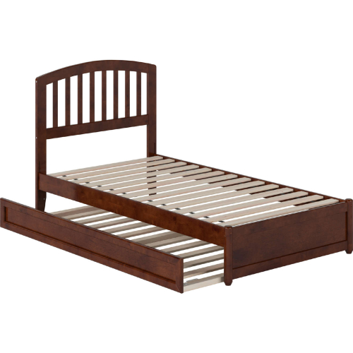 Lucia Twin Platform Bed with Panel Footboard, Twin Trundle & Charging in Walnut Finish