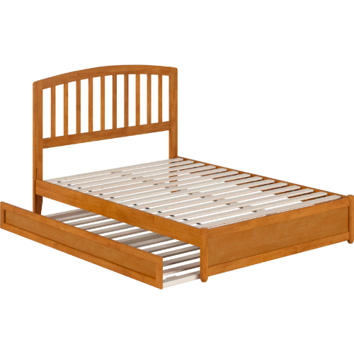 Lucia Full Platform Bed with Panel Footboard, Twin Trundle & Charging in Light Toffee
