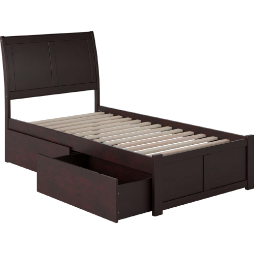 Portland Twin XL Bed with Flat Panel Footboard & 2 Bed Drawers in Espresso