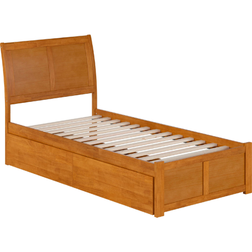 Portland Twin XL Platform Bed with Footboard, 2 Drawers & Charging in Light Toffee