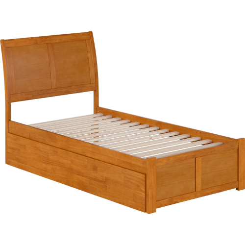 Portland Twin Platform Bed with Footboard, Twin Trundle & Charging in Light Toffee